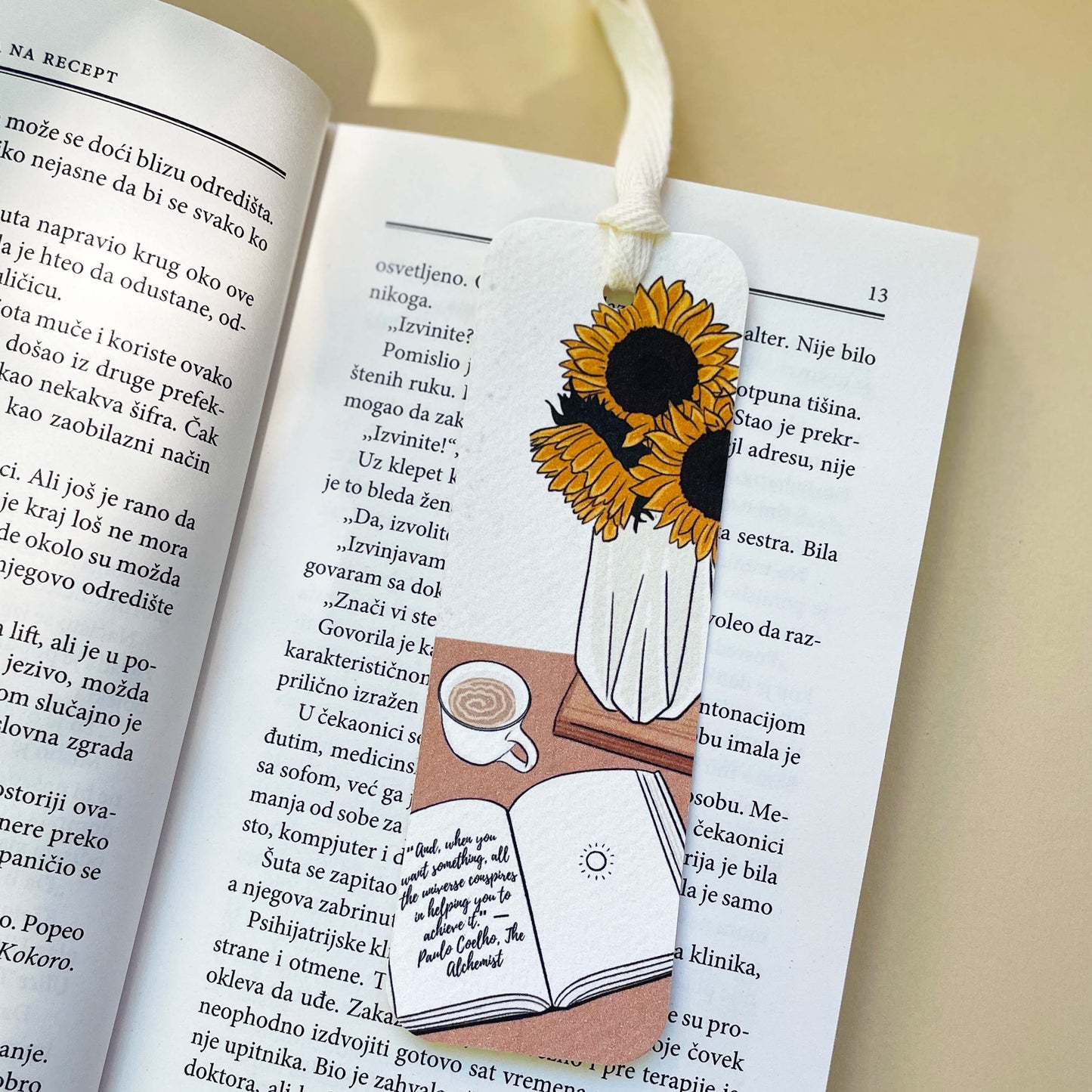 Bookmarker za knjige sa ilustracijom suncokreta i kafe