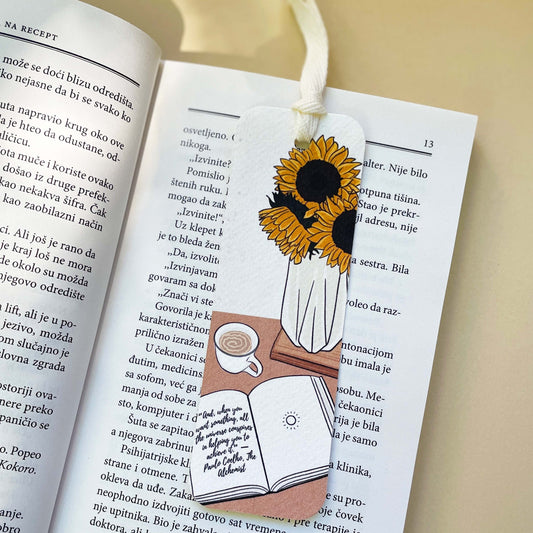 Bookmarker za knjige sa ilustracijom suncokreta i kafe